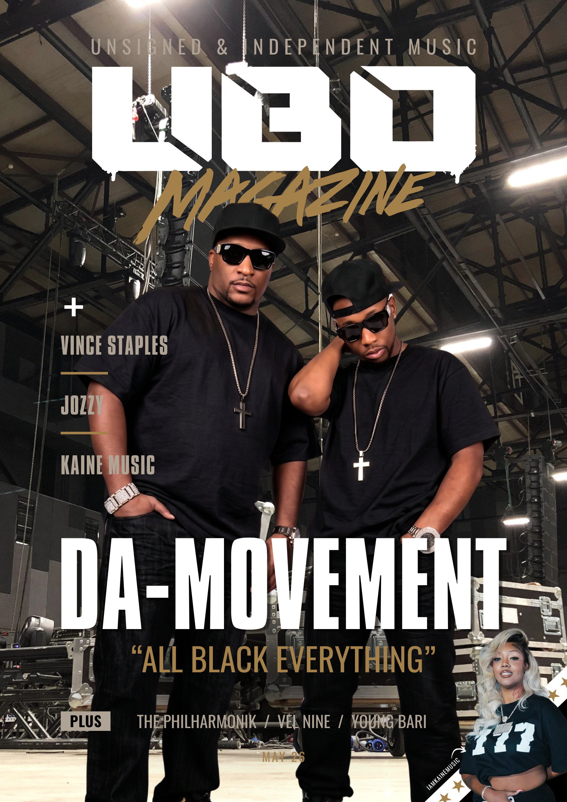Cover of UBO Magazine featuring two men in black outfits with sunglasses, standing confidently. Background includes a stage setup and lighting equipment. Text highlights 'DA-MOVEMENT' and features artists like Vince Staples and Jozy.