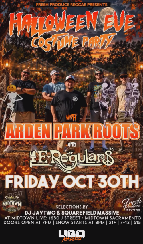 Poster for a Halloween Eve costume party presented by Fresh Produce Reggae featuring Arden Parkroots and The E-Regulars, with event details including location, date, and DJ selections.